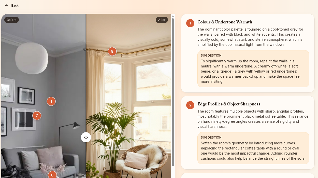 Example Cozzify analysis: a room photo with numbered issue markers on the left and plain-language fixes on the right